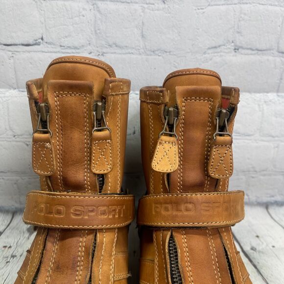 VTG Polo Ralph Lauren Sports Boots Tan Duck Leather Double Zip Strap Hunt Shoes - Picture 9 of 16
